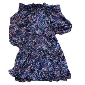 Fate NWT Women's Boho Paisley‎ Ruffle Neck Tiered Mini Dress Black Multi Small